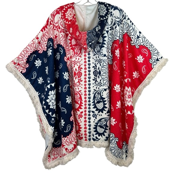 Agua Bendita, Women’s ‘Delailah’ Towel Poncho Cover-Up Paisley Blue/Red One Size - Picture 6 of 17